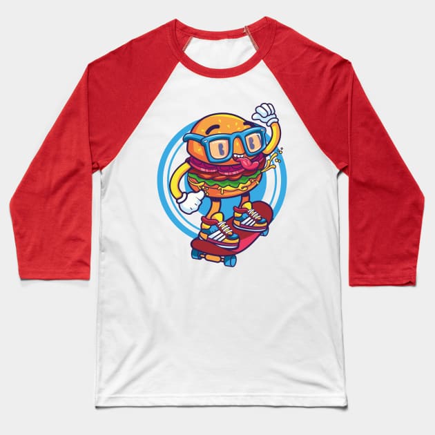 Skating Hamburger having fun Baseball T-Shirt by madebyTHOR